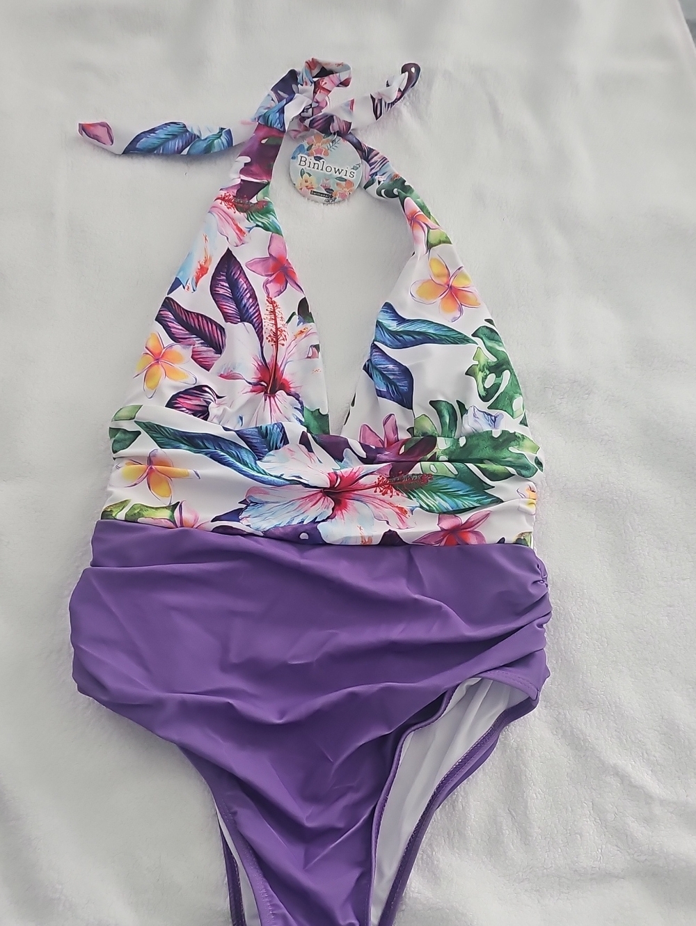 Women's Purple Floral Halter One-Piece Swimsuit